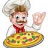 Мультяшный шеф-повар держит пиццу